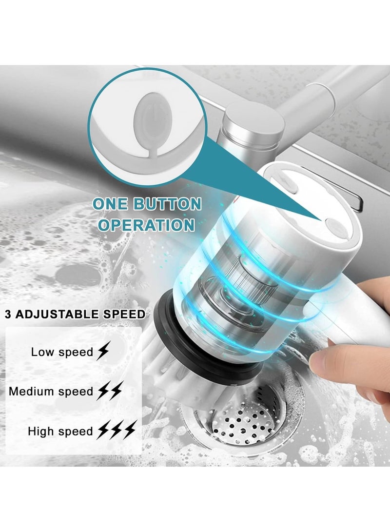 فلوشرينيك مكنسة كهربائية دوارة، فرشاة تنظيف محمولة مع 6 رؤوس فرشاة قابلة للاستبدال 3 سرعات دوران فرشاة تنظيف مكنسة كهربائية قابلة لإعادة الشحن للمطبخ والحمام والبلاط والأرضيات والنوافذ (أبيض) - Image 3