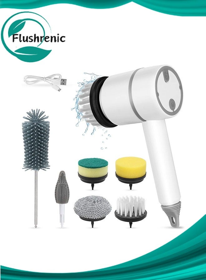 فلوشرينيك مكنسة كهربائية دوارة، فرشاة تنظيف محمولة مع 6 رؤوس فرشاة قابلة للاستبدال 3 سرعات دوران فرشاة تنظيف مكنسة كهربائية قابلة لإعادة الشحن للمطبخ والحمام والبلاط والأرضيات والنوافذ (أبيض) - Image 1