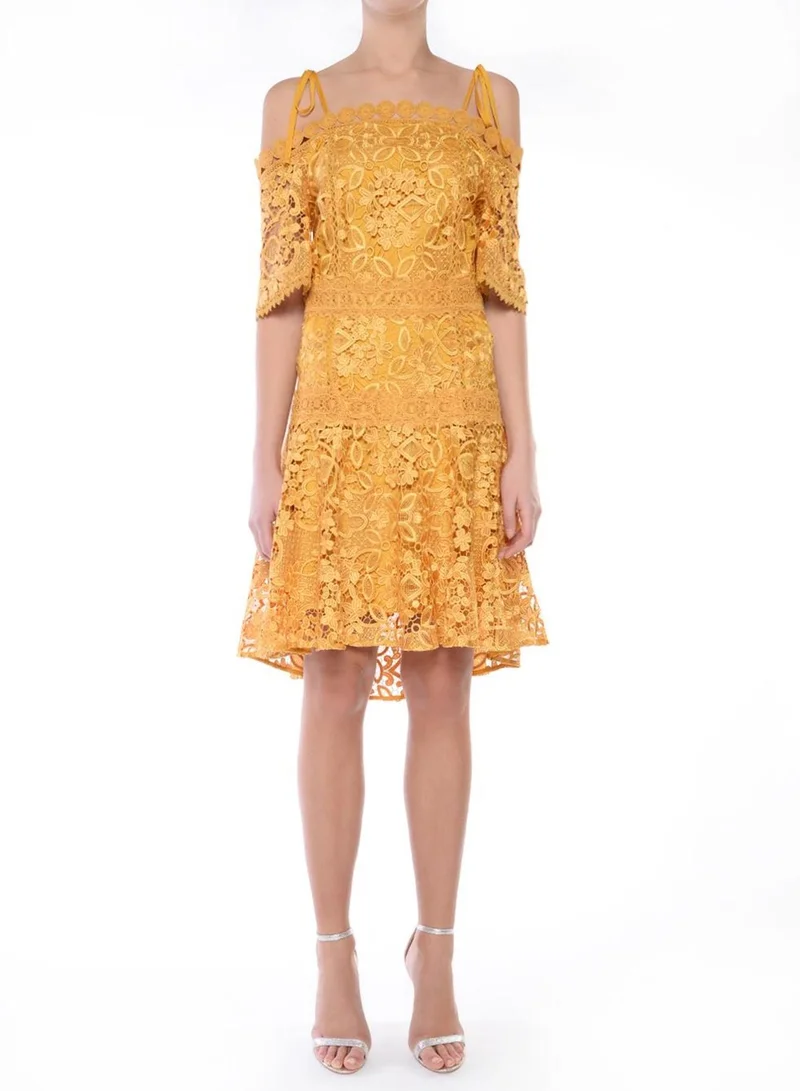 True Decadence Josie Mustard Cold Shoulder Knee-Length Dress