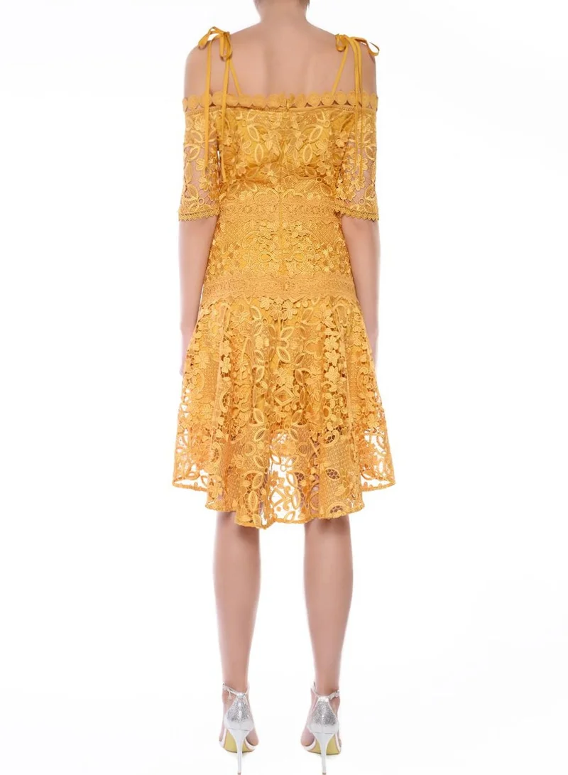 True Decadence Josie Mustard Cold Shoulder Knee-Length Dress