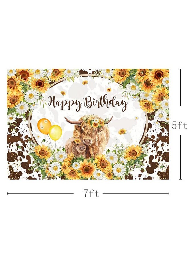 MEHOFOND 7X5Ft Highland Cows Floral Birthday Backdrop Brown Cattles Happy Birthday Party Decorations Sunflowers Farm Cow Photography Background For Girls Cake Table Banner Supplies  - Image 4