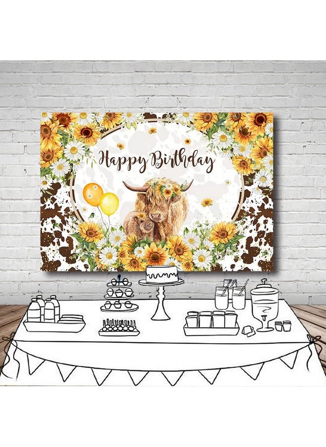 MEHOFOND 7X5Ft Highland Cows Floral Birthday Backdrop Brown Cattles Happy Birthday Party Decorations Sunflowers Farm Cow Photography Background For Girls Cake Table Banner Supplies  - Image 5