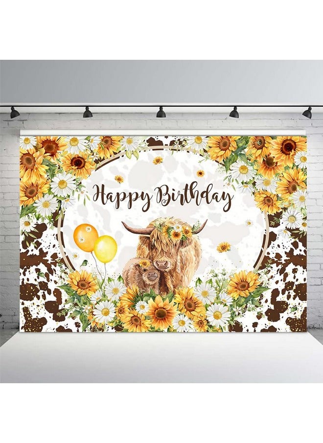 MEHOFOND 7X5Ft Highland Cows Floral Birthday Backdrop Brown Cattles Happy Birthday Party Decorations Sunflowers Farm Cow Photography Background For Girls Cake Table Banner Supplies  - Image 2
