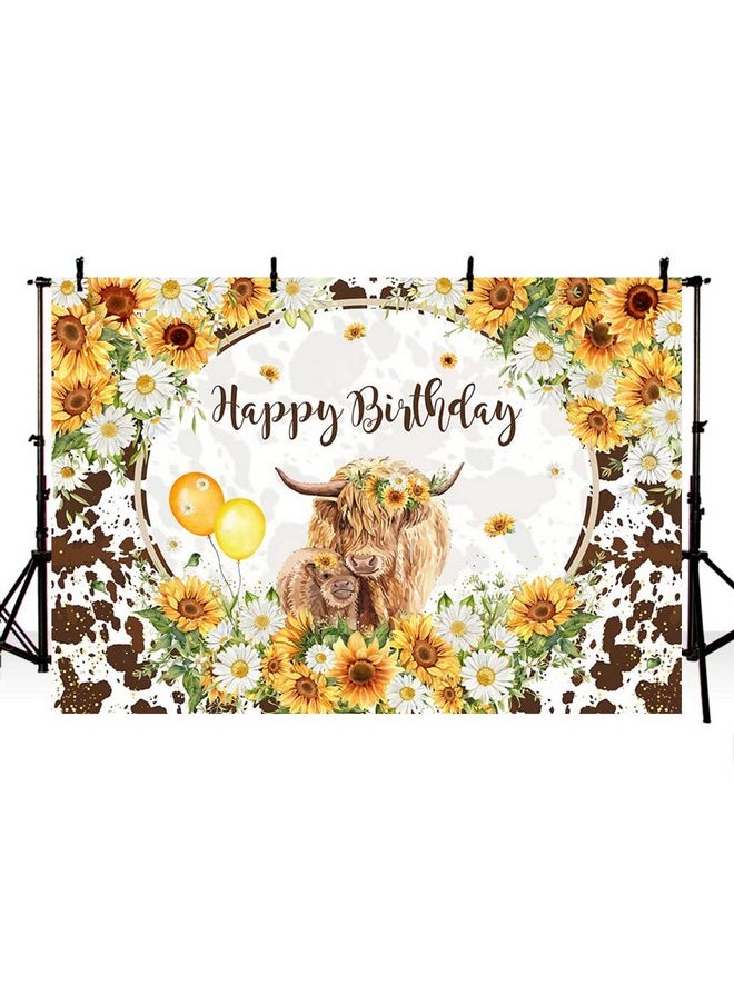 MEHOFOND 7X5Ft Highland Cows Floral Birthday Backdrop Brown Cattles Happy Birthday Party Decorations Sunflowers Farm Cow Photography Background For Girls Cake Table Banner Supplies  - Image 3