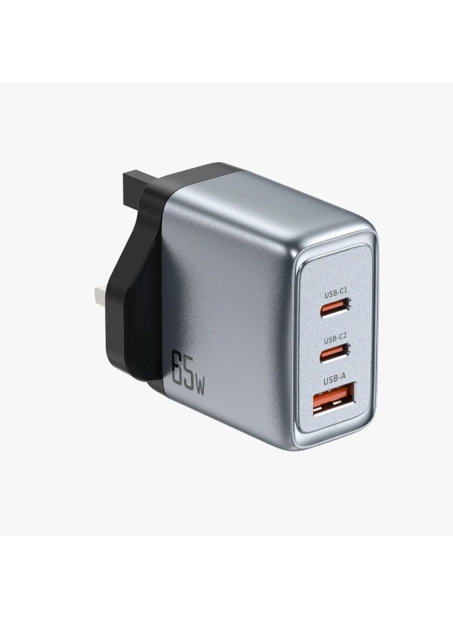 GREEN LION GaN Premium PD 65W UK Plug Wall Charger with Dual USB-C & USB-A Ports / Charges up to 50% in 30 min / PPS 49.55W Power Delivery / PC Flame Retardant Material / Fast Charging / Travel Friendly - Grey - Image 1