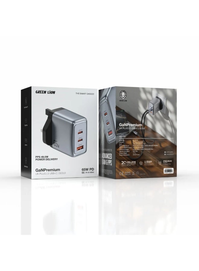 GREEN LION GaN Premium PD 65W UK Plug Wall Charger with Dual USB-C & USB-A Ports / Charges up to 50% in 30 min / PPS 49.55W Power Delivery / PC Flame Retardant Material / Fast Charging / Travel Friendly - Grey - Image 5