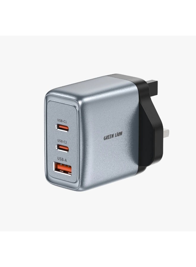 GREEN LION GaN Premium PD 65W UK Plug Wall Charger with Dual USB-C & USB-A Ports / Charges up to 50% in 30 min / PPS 49.55W Power Delivery / PC Flame Retardant Material / Fast Charging / Travel Friendly - Grey - Image 3