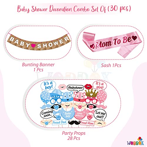 WOBBOX Baby Shower Combo of Party Props 30 Pcs & Jute Style Baby Shower Bunting Banner, with Mom to be Light Pink Sash, Baby Shower Decoration Item (Pack of 3) - Image 2