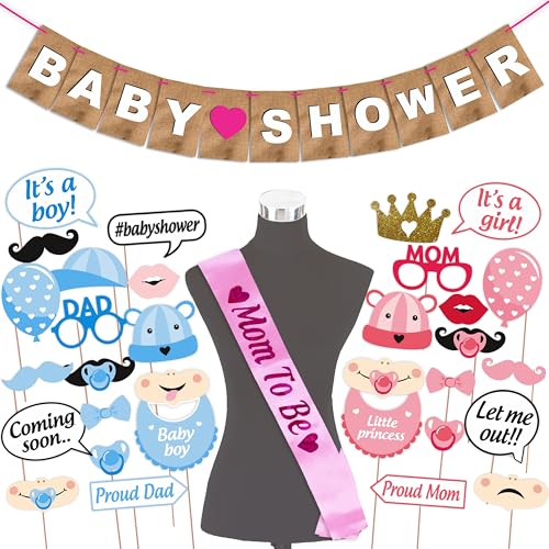 WOBBOX Baby Shower Combo of Party Props 30 Pcs & Jute Style Baby Shower Bunting Banner, with Mom to be Light Pink Sash, Baby Shower Decoration Item (Pack of 3) - Image 1