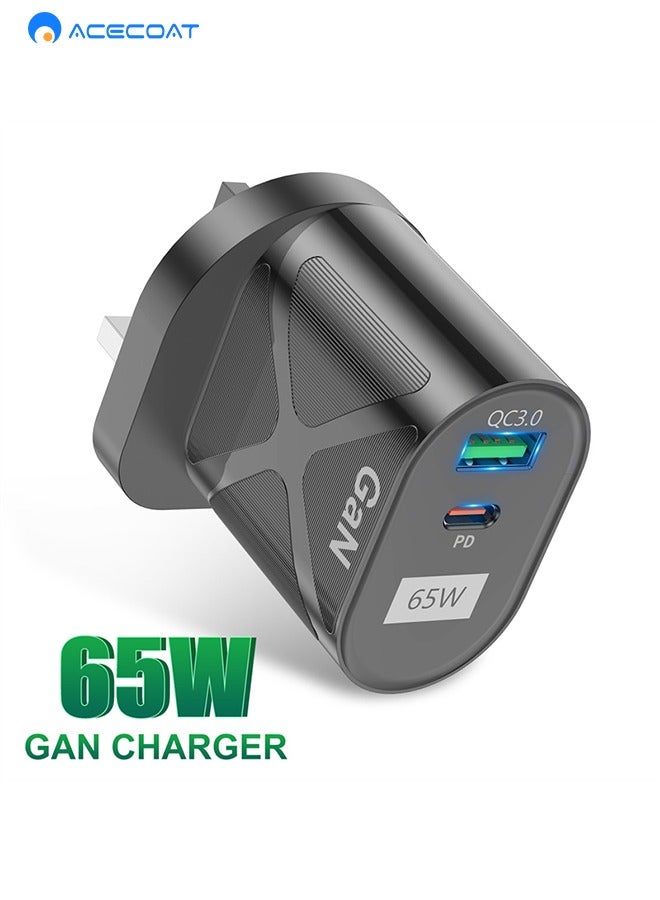 ACECOAT 65W GaN Phone Tablet Wall Charger Laptop Adapter with QC3.0 USB and PD33W Type C-Universal UK Fast Charging Portable Plug Socket with Multi-function Protection for Apple Huawei Xiaomi Samsung,Black - Image 1