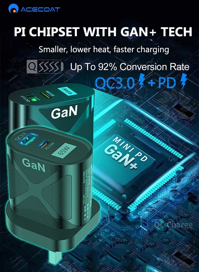 ACECOAT 65W GaN Phone Tablet Wall Charger Laptop Adapter with QC3.0 USB and PD33W Type C-Universal UK Fast Charging Portable Plug Socket with Multi-function Protection for Apple Huawei Xiaomi Samsung,Black - Image 4