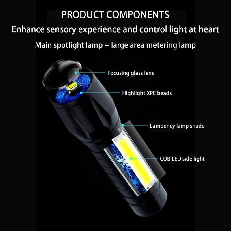 KhuHap Rechargeable Torch Light Mini LED Flashlight with Zoom Function COB Light 3 Modes USB Charging Black Metal Ideal for Emergency Outdoor Use Pack of 1 - Image 5