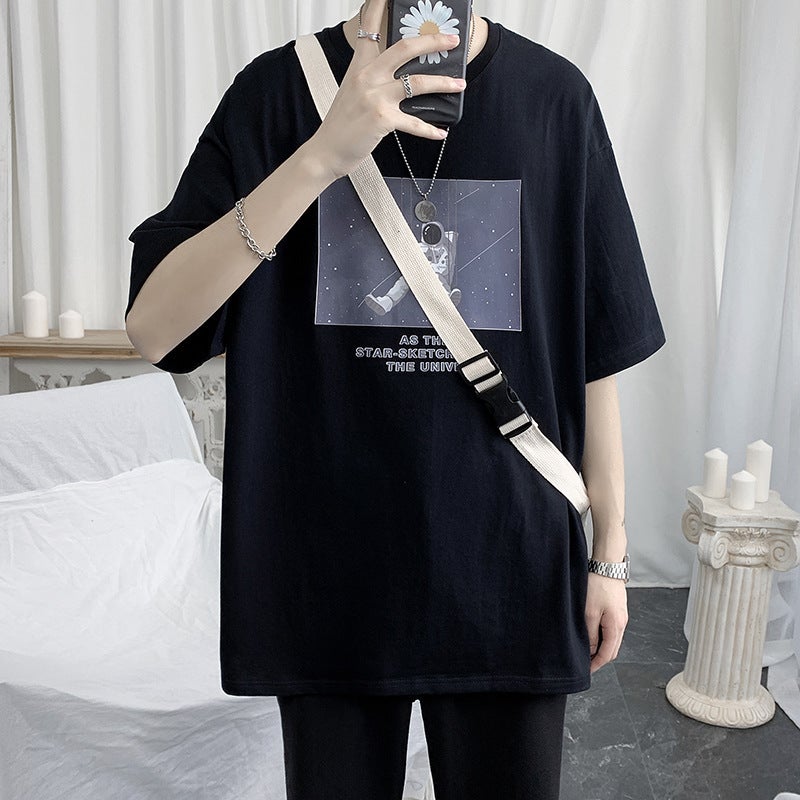 Short-Sleeved T-Shirt Men'S Summer Loose Half-Sleeved Korean Style Trendy Simple Fashion Half-Sleeved T-Shirt Top - Image 3