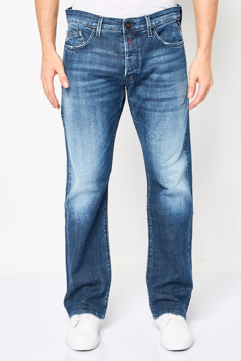 Replay جينز رجالي بقصة عادية مغسول غير قابل للتمدد، أزرق - Image 1