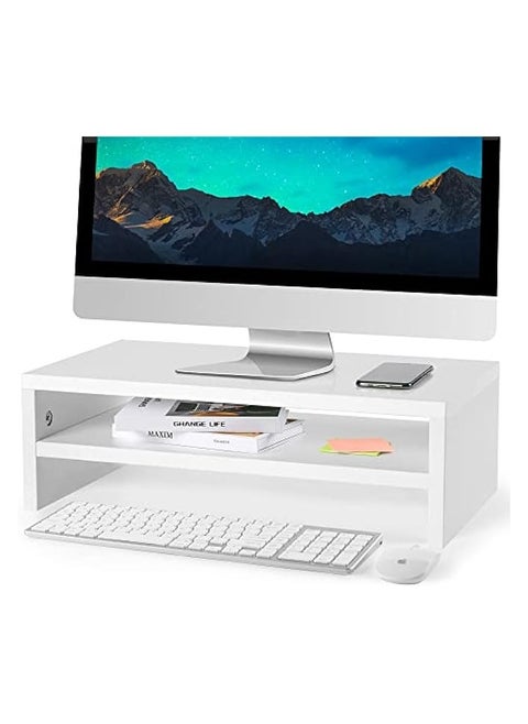 Wood Monitor Stand Riser, 16.5 Inch 2 Tiers Desk TV Shelf Computer Monitor Stand, Versatile Storage Shelf & Screen Holder for Home Office Business, White, 44.7x25.4x5.9 cm