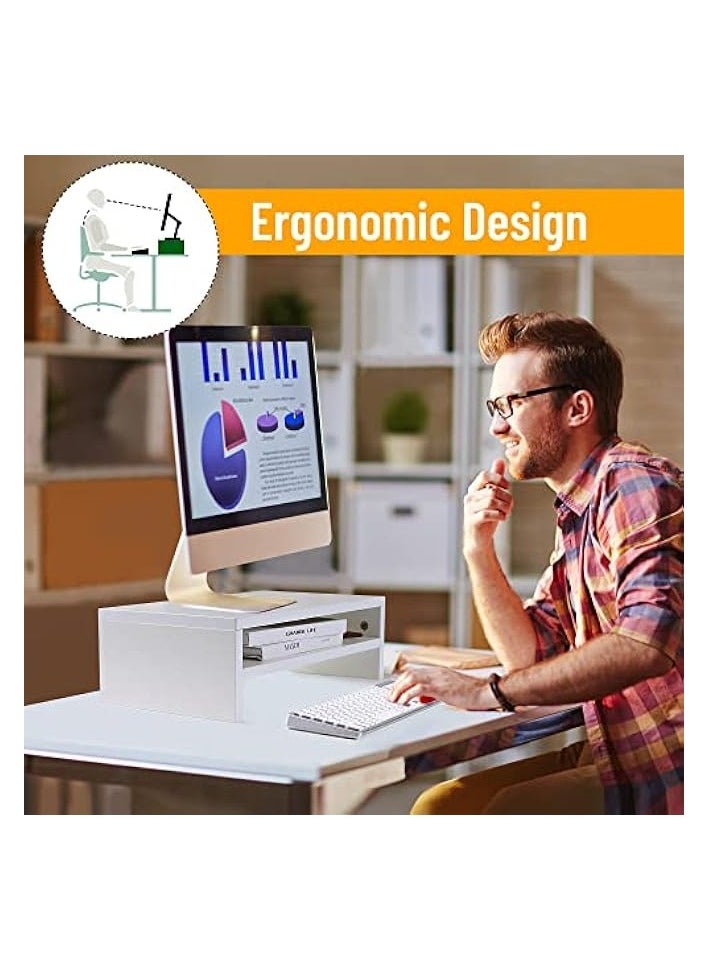 Wood Monitor Stand Riser, 16.5 Inch 2 Tiers Desk TV Shelf Computer Monitor Stand, Versatile Storage Shelf & Screen Holder for Home Office Business, White, 44.7x25.4x5.9 cm