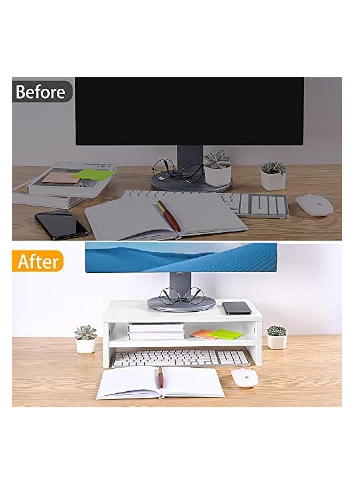 Wood Monitor Stand Riser, 16.5 Inch 2 Tiers Desk TV Shelf Computer Monitor Stand, Versatile Storage Shelf & Screen Holder for Home Office Business, White, 44.7x25.4x5.9 cm