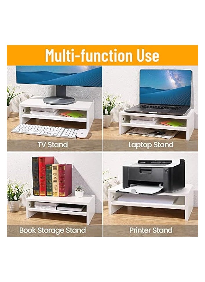 Wood Monitor Stand Riser, 16.5 Inch 2 Tiers Desk TV Shelf Computer Monitor Stand, Versatile Storage Shelf & Screen Holder for Home Office Business, White, 44.7x25.4x5.9 cm