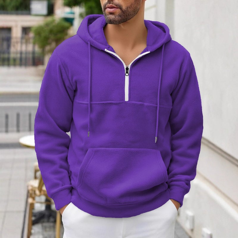Men's Solid Color Fleece Hoodie with Half Zipper - Image 2