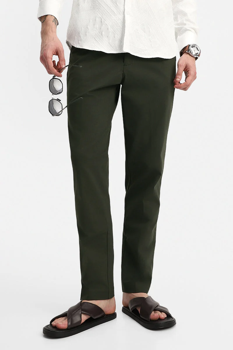 SNITCH Olive Solid Regular Fit Casual Trousers
