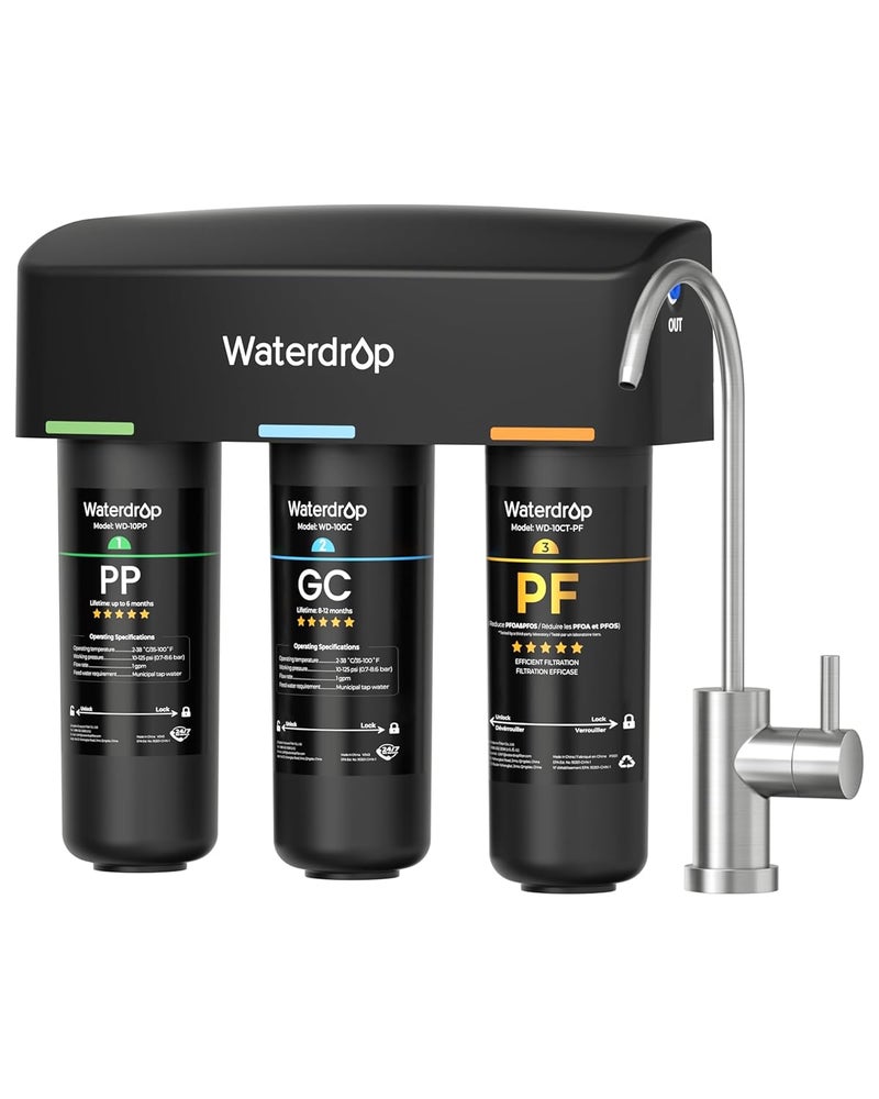 Waterdrop TSB-PF Under Sink Water Filter, 𝐑𝐞𝐝𝐮𝐜𝐞𝐬 𝟖𝟎+ 𝐈𝐦𝐩𝐮𝐫𝐢𝐭𝐢𝐞𝐬-Chlorine, Chloramine, Fluoride, PFAS, Taste&Odor, 9 Layer Under Sink Water Filtration System,with A Separate Faucet - Image 1