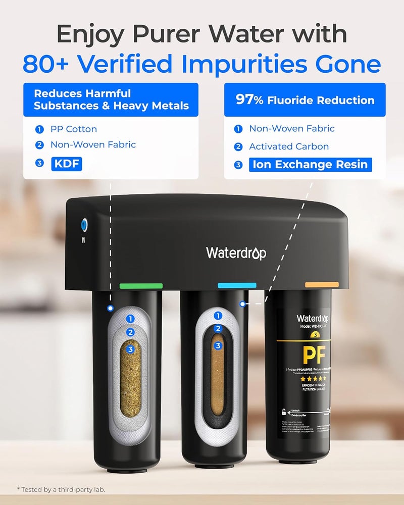 Waterdrop TSB-PF Under Sink Water Filter, 𝐑𝐞𝐝𝐮𝐜𝐞𝐬 𝟖𝟎+ 𝐈𝐦𝐩𝐮𝐫𝐢𝐭𝐢𝐞𝐬-Chlorine, Chloramine, Fluoride, PFAS, Taste&Odor, 9 Layer Under Sink Water Filtration System,with A Separate Faucet - Image 5