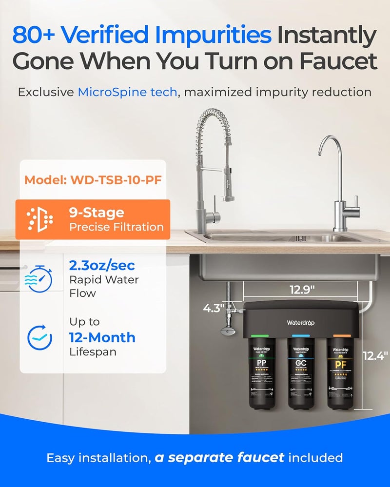 Waterdrop TSB-PF Under Sink Water Filter, 𝐑𝐞𝐝𝐮𝐜𝐞𝐬 𝟖𝟎+ 𝐈𝐦𝐩𝐮𝐫𝐢𝐭𝐢𝐞𝐬-Chlorine, Chloramine, Fluoride, PFAS, Taste&Odor, 9 Layer Under Sink Water Filtration System,with A Separate Faucet - Image 2