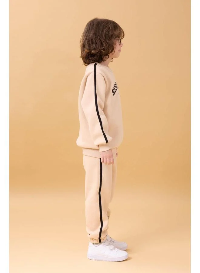 Perendi Boys Patchwork Sherpa Bike Neck Dual College Set - Stone.