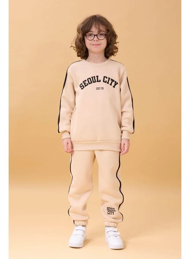 Perendi Boys Patchwork Sherpa Bike Neck Dual College Set - Stone.