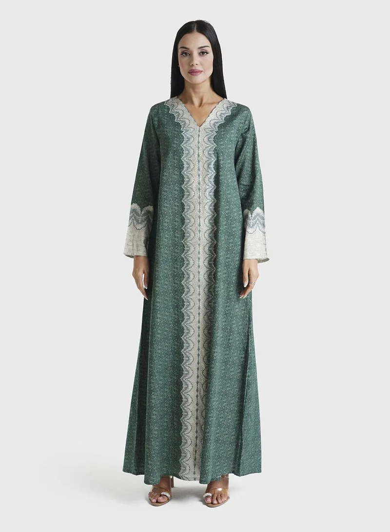 KASHKHA Green Floral Printed Cotton Satin Stone Work Jalabiya (VDU599)