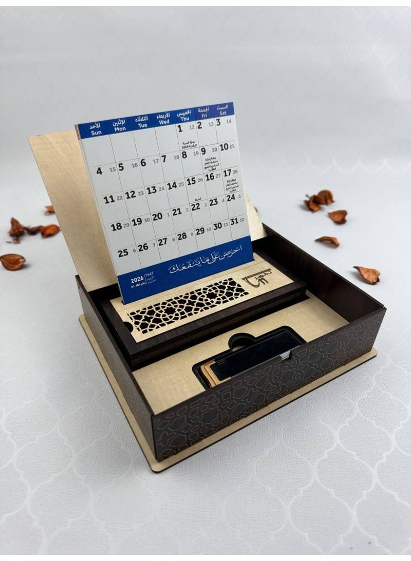Samrix The 2026 Calendar Box: A Complete Wooden Gift Set for All Occasions. This elegant box contains: a wooden box with a paper calendar (Gregorian and Hijri) inside, a calendar stand, and incense sticks. ✔ Luxurious calendar box with an elegant wooden design ✔ Contains a paper calendar (Gregorian and Hijri) ✔ Includes a dedicated calendar stand ✔ Includes a premium incense burner ✔ Free additional incense sticks ✔ Suitable for office and home use ✔ Combines practicality and luxury ✔ An ideal gift for all occasions ✔ Suitable for corporate gifts ✔ Sophisticated design adds a touch of luxury ✔ High-quality wood materials ✔ Distinctive and long-lasting fragrance ✔ Suitable for formal gifts ✔ Elegant organization of days and appointments ✔ Ready to give immediately ✔ A practical and decorative piece ✔ An ideal choice for upscale gifts - Image 1