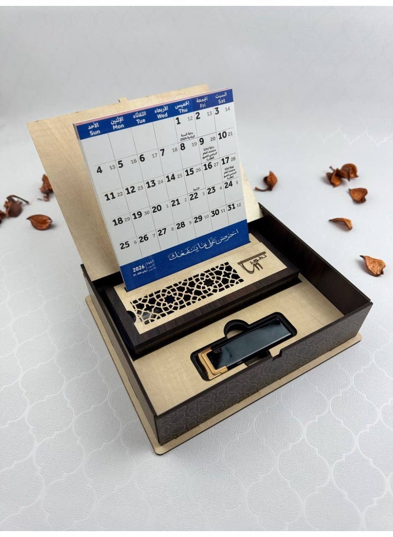 Samrix The 2026 Calendar Box: A Complete Wooden Gift Set for All Occasions. This elegant box contains: a wooden box with a paper calendar (Gregorian and Hijri) inside, a calendar stand, and incense sticks. ✔ Luxurious calendar box with an elegant wooden design ✔ Contains a paper calendar (Gregorian and Hijri) ✔ Includes a dedicated calendar stand ✔ Includes a premium incense burner ✔ Free additional incense sticks ✔ Suitable for office and home use ✔ Combines practicality and luxury ✔ An ideal gift for all occasions ✔ Suitable for corporate gifts ✔ Sophisticated design adds a touch of luxury ✔ High-quality wood materials ✔ Distinctive and long-lasting fragrance ✔ Suitable for formal gifts ✔ Elegant organization of days and appointments ✔ Ready to give immediately ✔ A practical and decorative piece ✔ An ideal choice for upscale gifts - Image 2