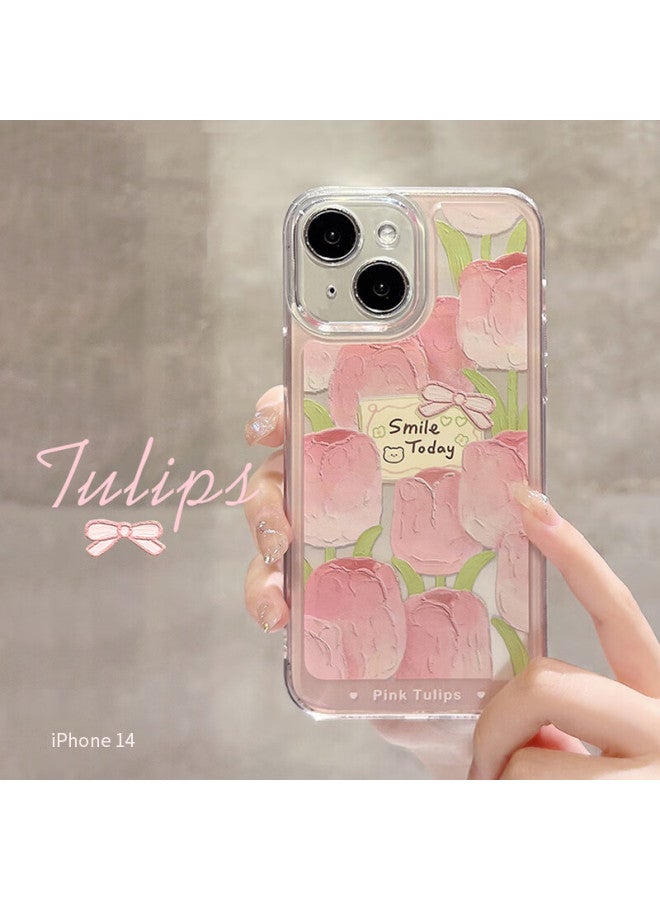 Inkaida Yingkaida Iphone 14 Case, Full Protection Shockproof Cover For Men And Women, Creative Transparent Painted Oil Painting Card Tulip Design - Image 1
