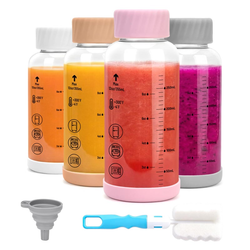 Zukro Glass Water Bottles with Colored lids 16 oz - 4 Pack Heat-resistant Borosilicate Juice Bottles with Stainless Steel Cap for Juicing, Protein, Milk, Smoothies - Airtight Leak proof, BPA Free - Image 1