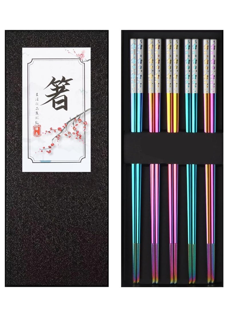 Suntown Stainless Steel Chopsticks, Rainbow Color Reusable Chopsticks, Dishwasher Safe Metal Chopsticks Square Lightweight Chop Sticks, Gift Set 5 Pairs - Image 1