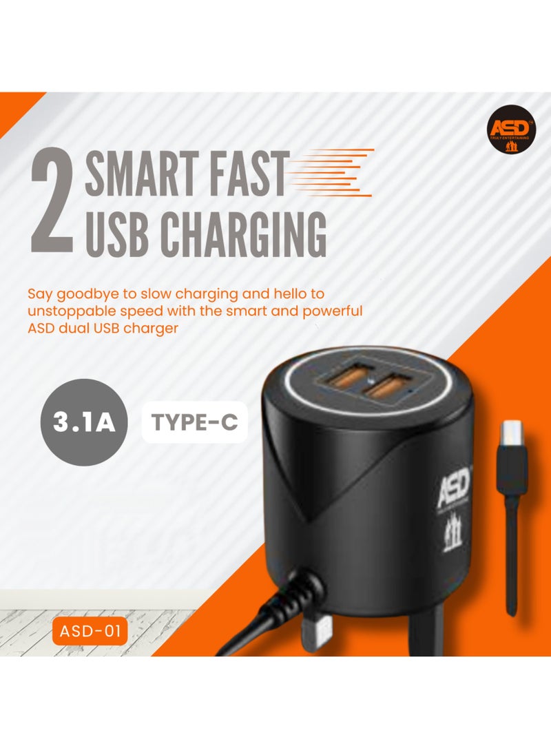 ASD ASD-02 Dual USB Fast Wall Charger with Built-in Type-C Cable, 3.1A Output – Compatible with iPhone & Samsung Galaxy  - Image 3