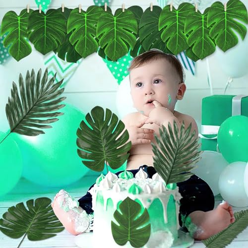 LOMIRO 108 Pieces 7 Kinds Artificial Tropical Leaf Jungle Leaves Plant Safari Leaves Decorations Fake Palm Leaf with Stems for Hawaiian Luau Party Table Beach Birthday Wedding Theme Party Decorations - Image 3