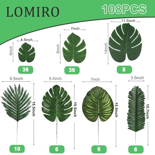 LOMIRO 108 Pieces 7 Kinds Artificial Tropical Leaf Jungle Leaves Plant Safari Leaves Decorations Fake Palm Leaf with Stems for Hawaiian Luau Party Table Beach Birthday Wedding Theme Party Decorations - Image 2