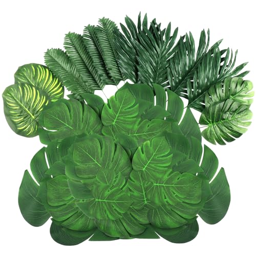 LOMIRO 108 Pieces 7 Kinds Artificial Tropical Leaf Jungle Leaves Plant Safari Leaves Decorations Fake Palm Leaf with Stems for Hawaiian Luau Party Table Beach Birthday Wedding Theme Party Decorations - Image 1