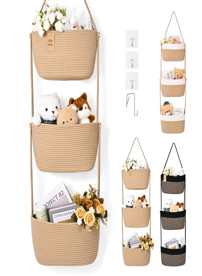 Degeyoyo Hanging Basket, 3-Tier Wall Baskets, Over the Door Organizer with 4 Hooks, Hanging Baskets for Organizing, Woven Storage Basket Behind the Door for Nursery, Bedroom, Living Room, Kitchen - Image 1