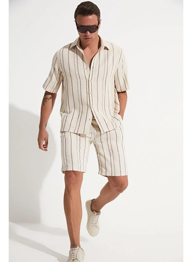 جون June Men Linen Striped Short Sleeve Shirt Ecru - Black