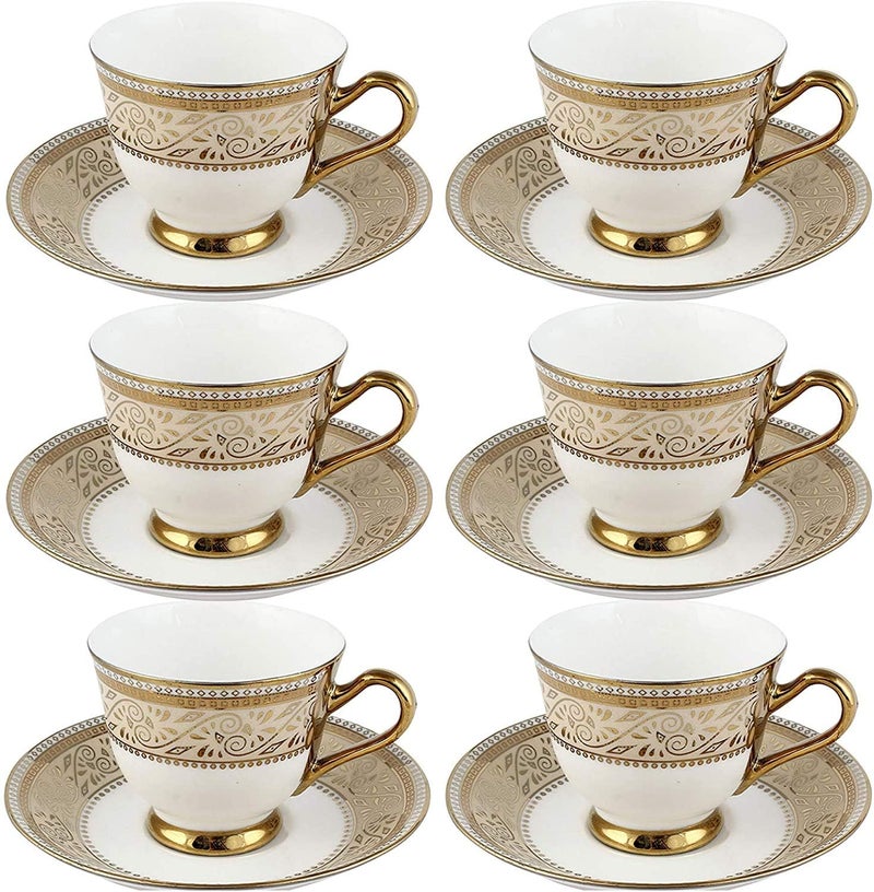 RAINCART Bone China Cup and Saucer Capacity - 160 ML (Color-Gold) Set of 12, 6 Cup & 6 Saucer - Image 1