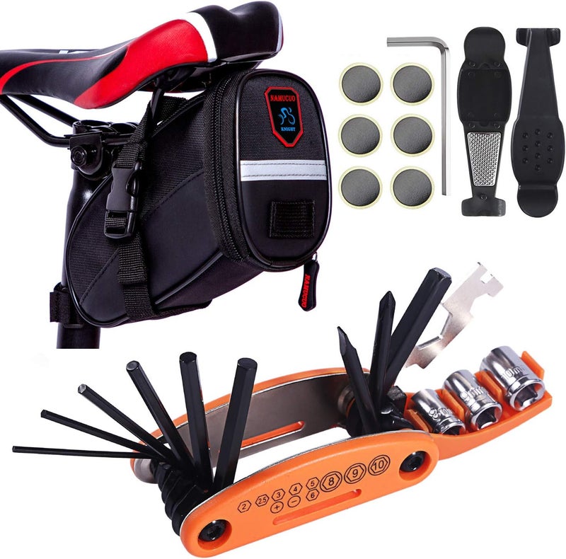 YBEKI 10-in-1 Bike Repair Kit with, 3-in-1 Tire Levers, Glueless Patches, Multifunctional Bone Wrench & Waterproof Saddle Bag | Compact Bicycle Multi-Tool Kit for Emergency Roadside Repairs - Image 1