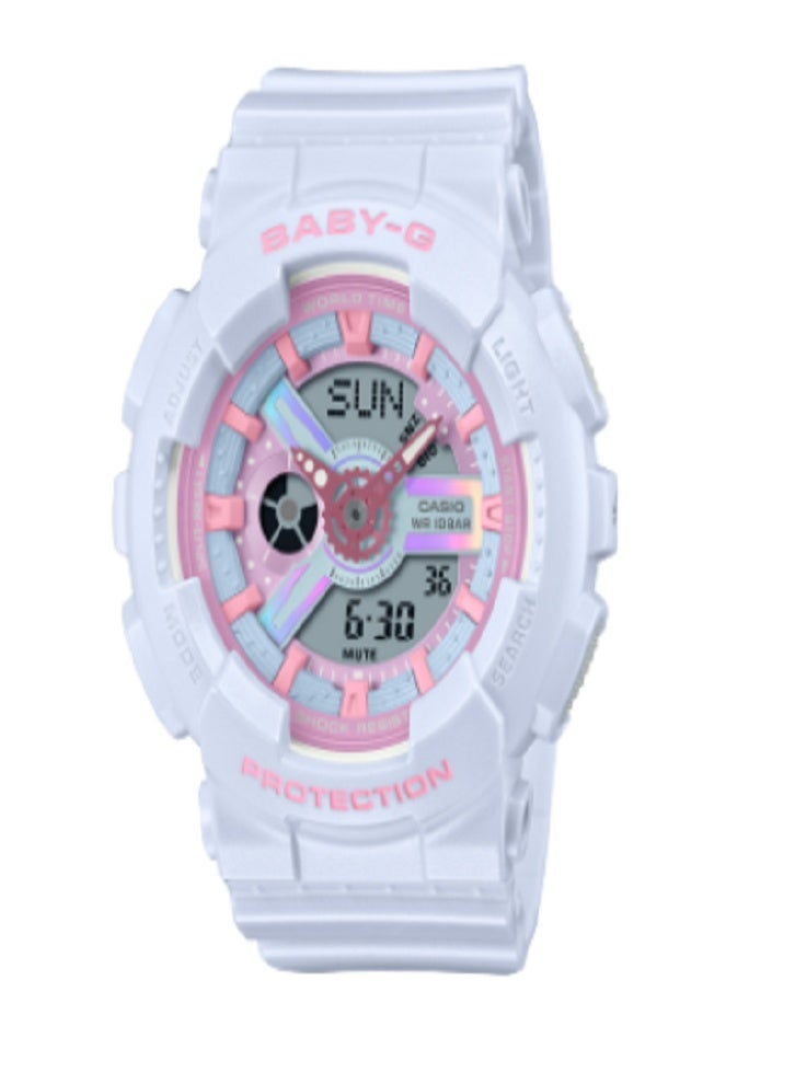 ساعة كاسيو بيبي-جي BA-110 النسائية، باللونين الأبيض والوردي، أنالوج-رقمي، مقاومة للصدمات، مقاومة للماء حتى عمق 100 متر، التوقيت العالمي، إضاءة LED، تصميم رياضي وأنيق
