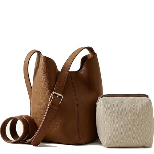 SIBY Soft PU Leather Top Handle Bucket Bag with Small Zipper Purse, Large Capacity Retro Style Shoulder Tote for Women-Coffee - Image 1