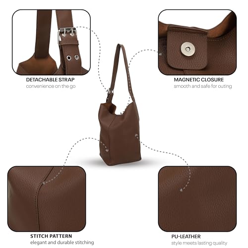 SIBY Soft PU Leather Top Handle Bucket Bag with Small Zipper Purse, Large Capacity Retro Style Shoulder Tote for Women-Coffee - Image 4