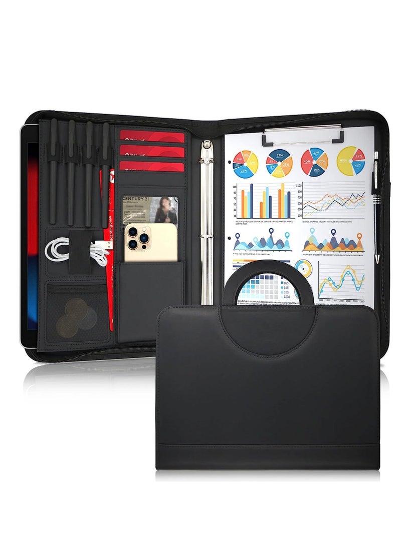 Portfolio Binder Organizer with Handle, 13.4 * 10 * 1.6 Inch Zippered Padfolio, Writing Pad Notepad Legal Size Detachable Business Folder Resume Interview Gift for Men Women - Image 1