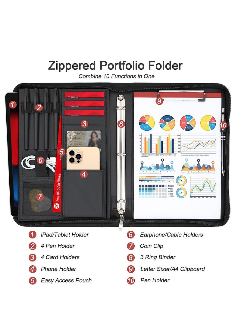 Portfolio Binder Organizer with Handle, 13.4 * 10 * 1.6 Inch Zippered Padfolio, Writing Pad Notepad Legal Size Detachable Business Folder Resume Interview Gift for Men Women - Image 2