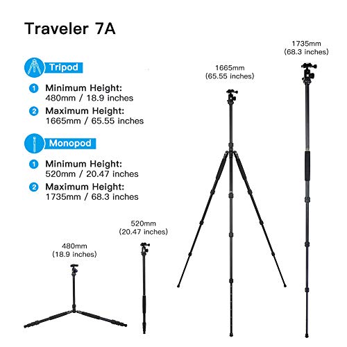 Sirui Compact Traveler 7A Tripod 65.55 inches Lightweight Aluminum Travel Tripod Portable Monopod with 360° Panorama Ball Head and Arca Swiss Quick Release Plate Load Capacity Up to 8kgs - Image 5