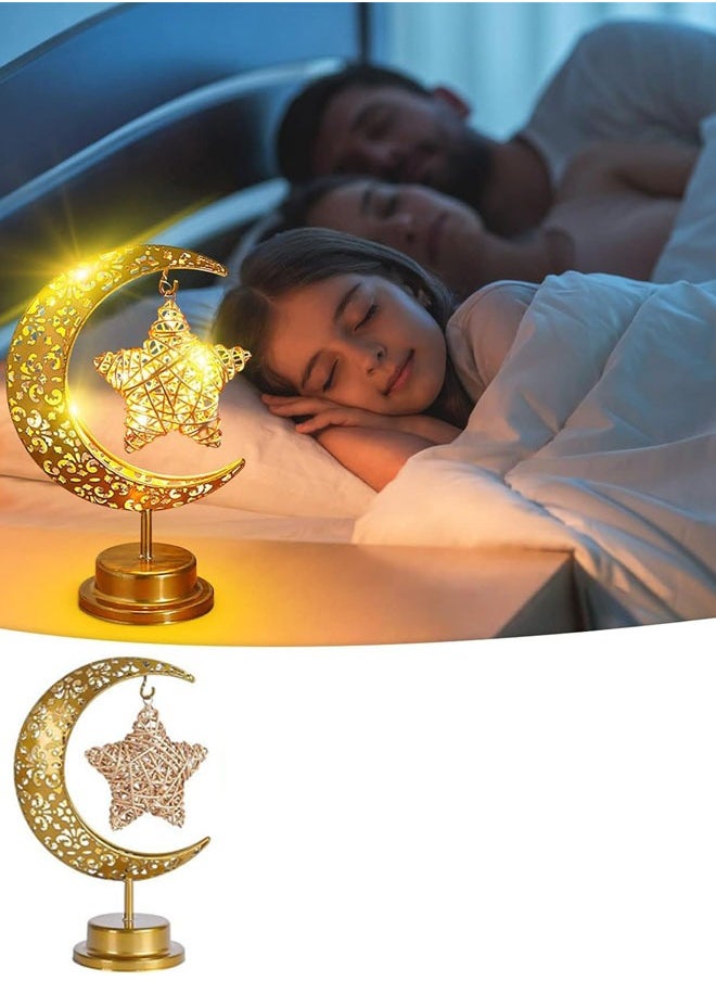 VUCATIN مصباح طاولة LED مزخرف بضوء القمر ونجمة رمضان، مصباح مكتب لاسلكي على شكل قمر رمضان، مصباح ليلي بجانب السرير لغرفة النوم وغرفة المعيشة والحفلات والحضانة وديكور المكتب  - Image 1